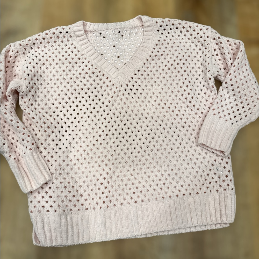 Soft Blush Pink Crochet Knit VNeck Sweater Size L Open Weave Valentine Spring